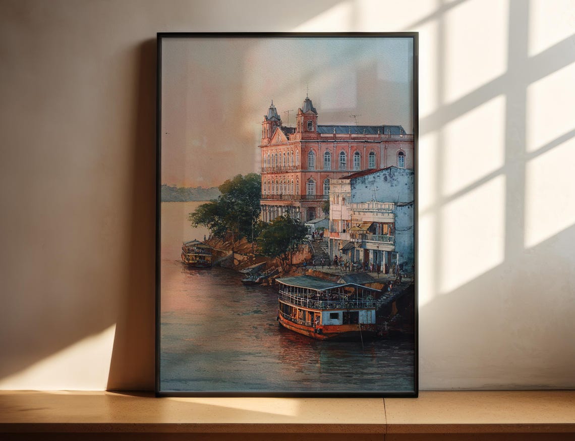 Manaus Brazil Riverside Colonial Palace Riverboats Art Poster