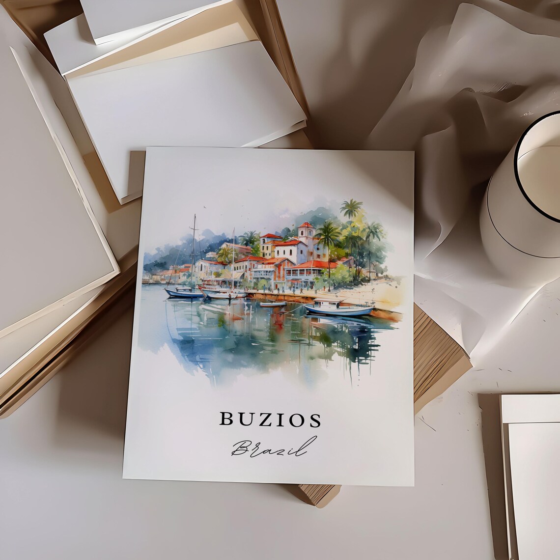 Buzios Brazil Watercolor Harbor Boats Beach Town Travel Art Poster - Image 6