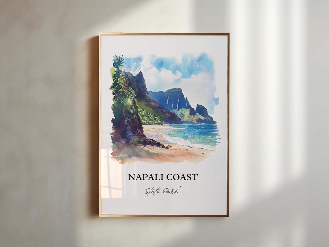 Napali Coast State Park Hawaii Green Sea Cliffs Cove Watercolor Poster - Image 3