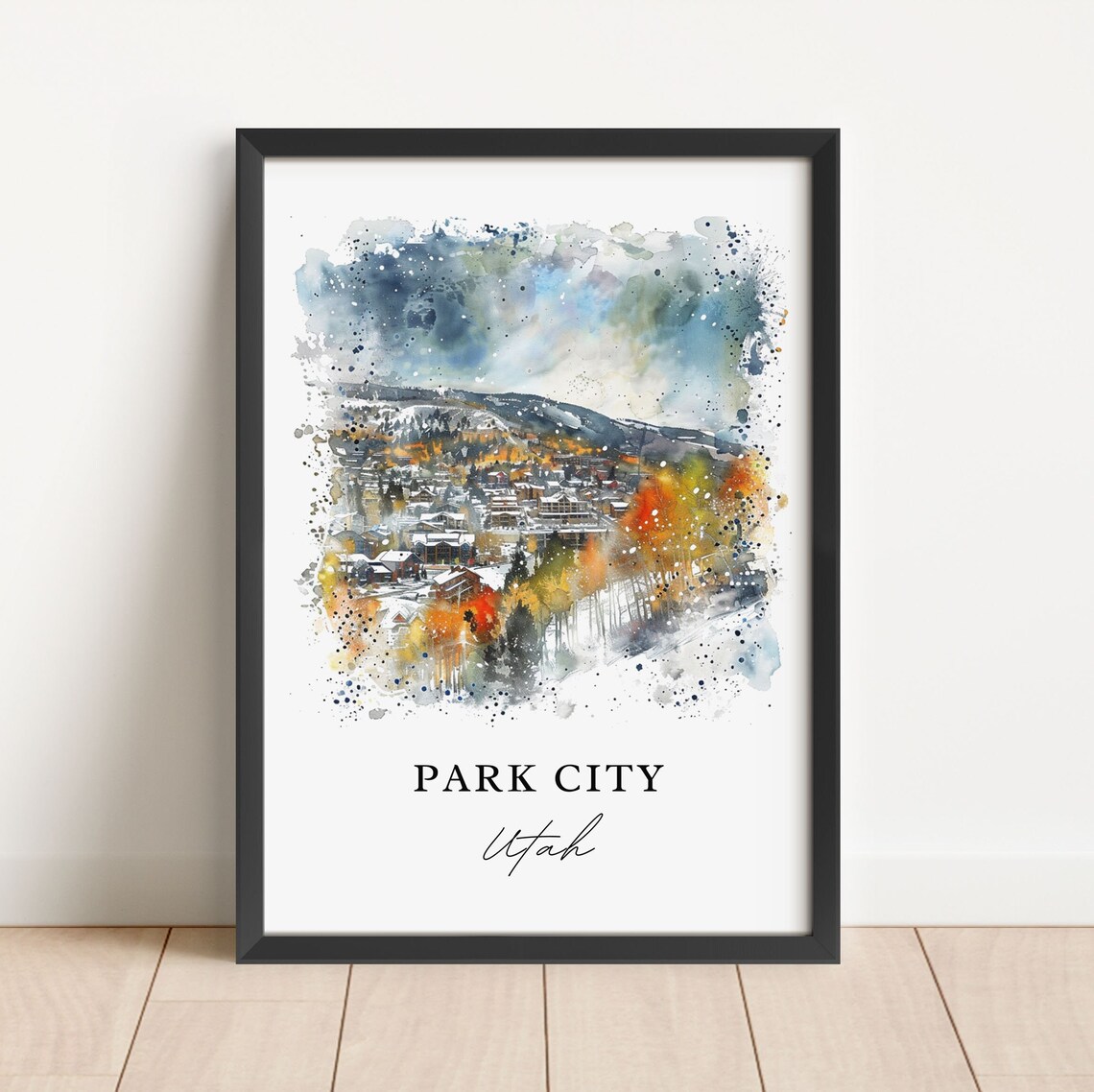 Park City Utah Snowy Mountain Town Autumn Watercolor Travel Poster