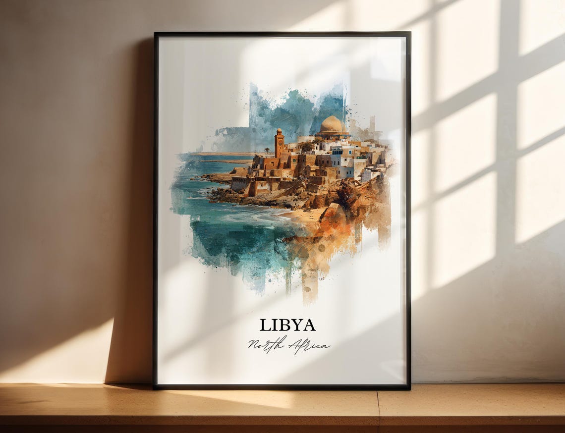 Libya North Africa Coastal Medina Mosque Watercolor Travel Poster