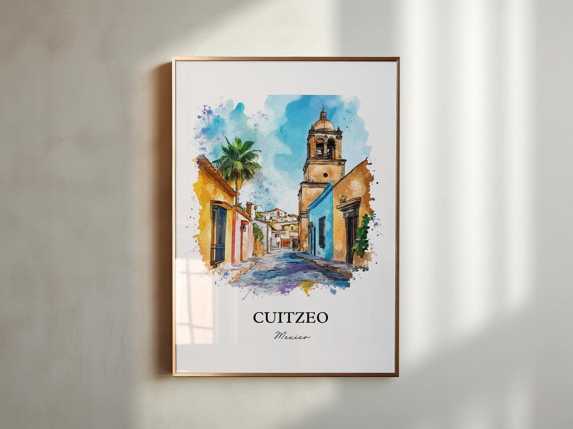 Cuitzeo Mexico Cobblestone Street Church Tower Watercolor Poster - Image 5