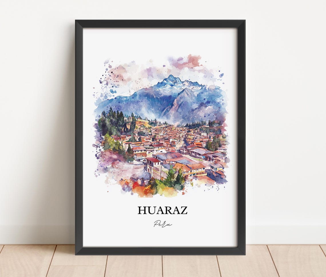 Huaraz Peru Mountain Town Watercolor Andean Landscape Scene Poster - Image 2