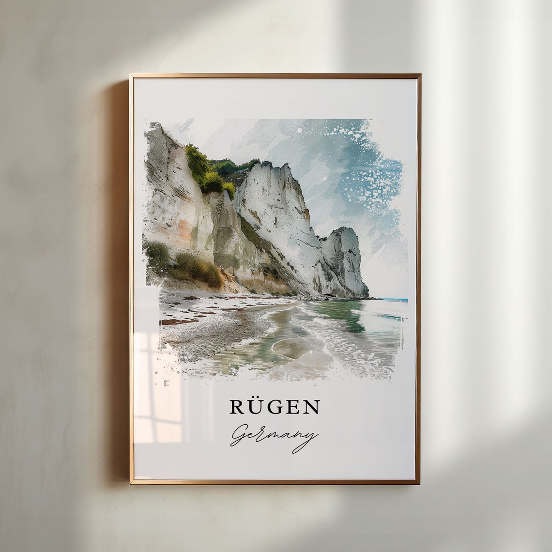 Rugen Germany Watercolor Chalk Cliffs Beach Scene Travel Poster
