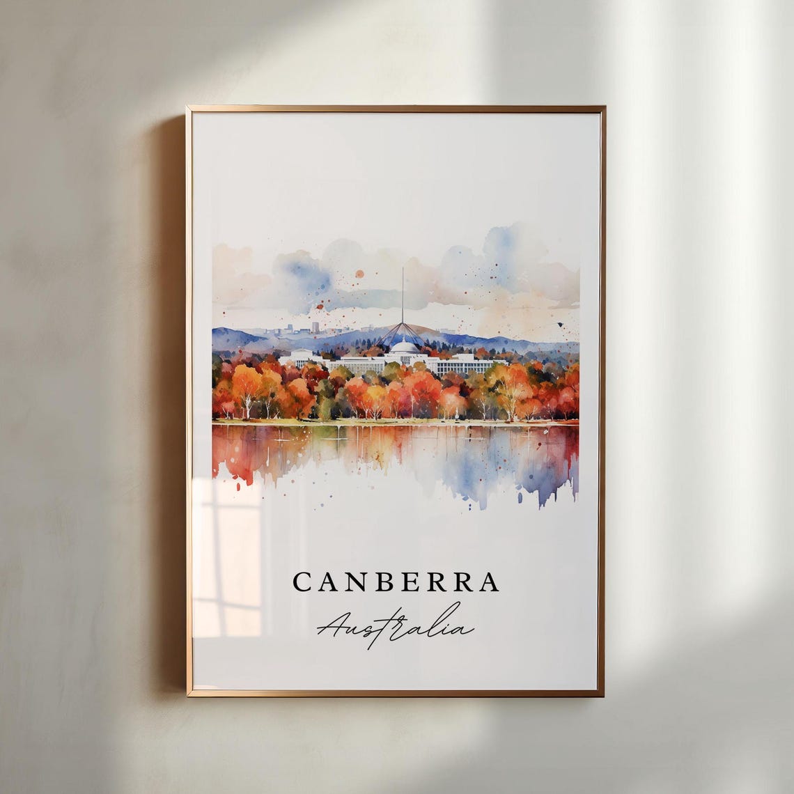 Canberra Australia Parliament House Lake Autumn Watercolor Art Poster
