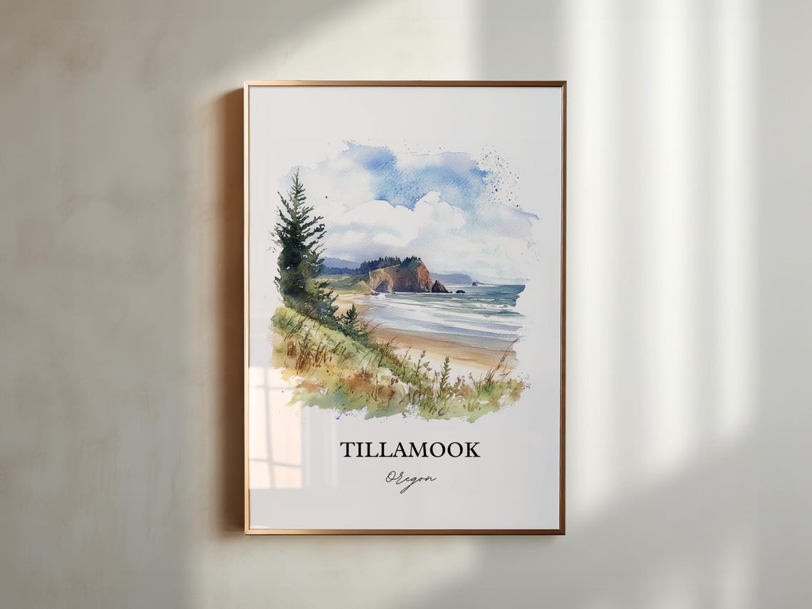 Tillamook Oregon Coast Beach Cliffs Watercolor Travel Poster - Image 3