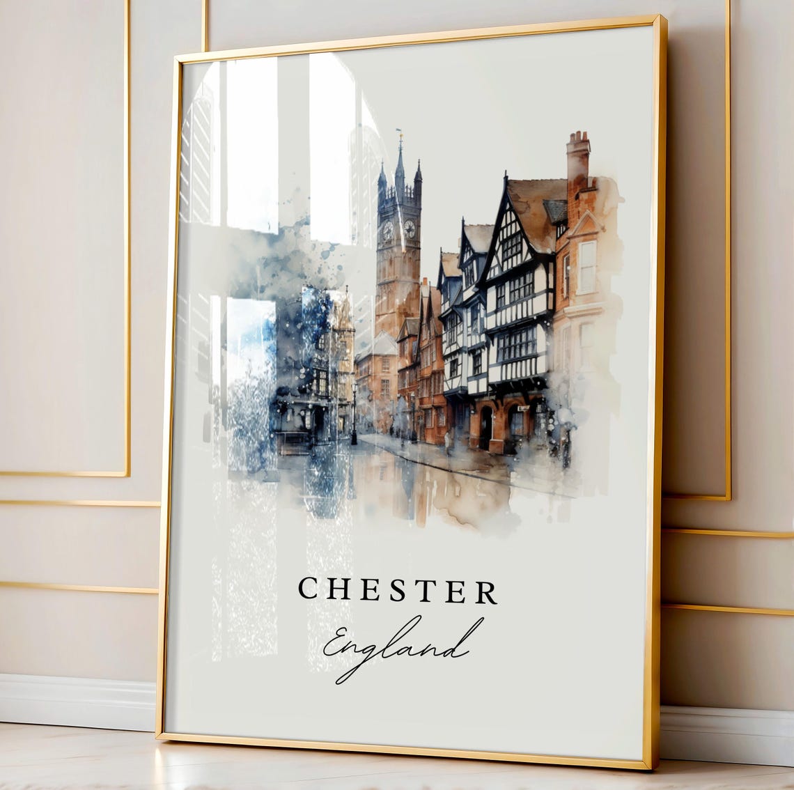 Chester England Watercolor Tudor Street Clock Tower Travel Poster - Image 3