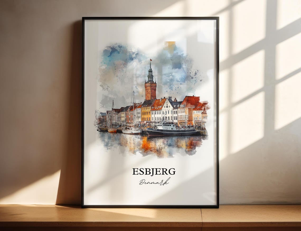 Esbjerg Denmark Harbor and Historic Church Tower Watercolor Poster