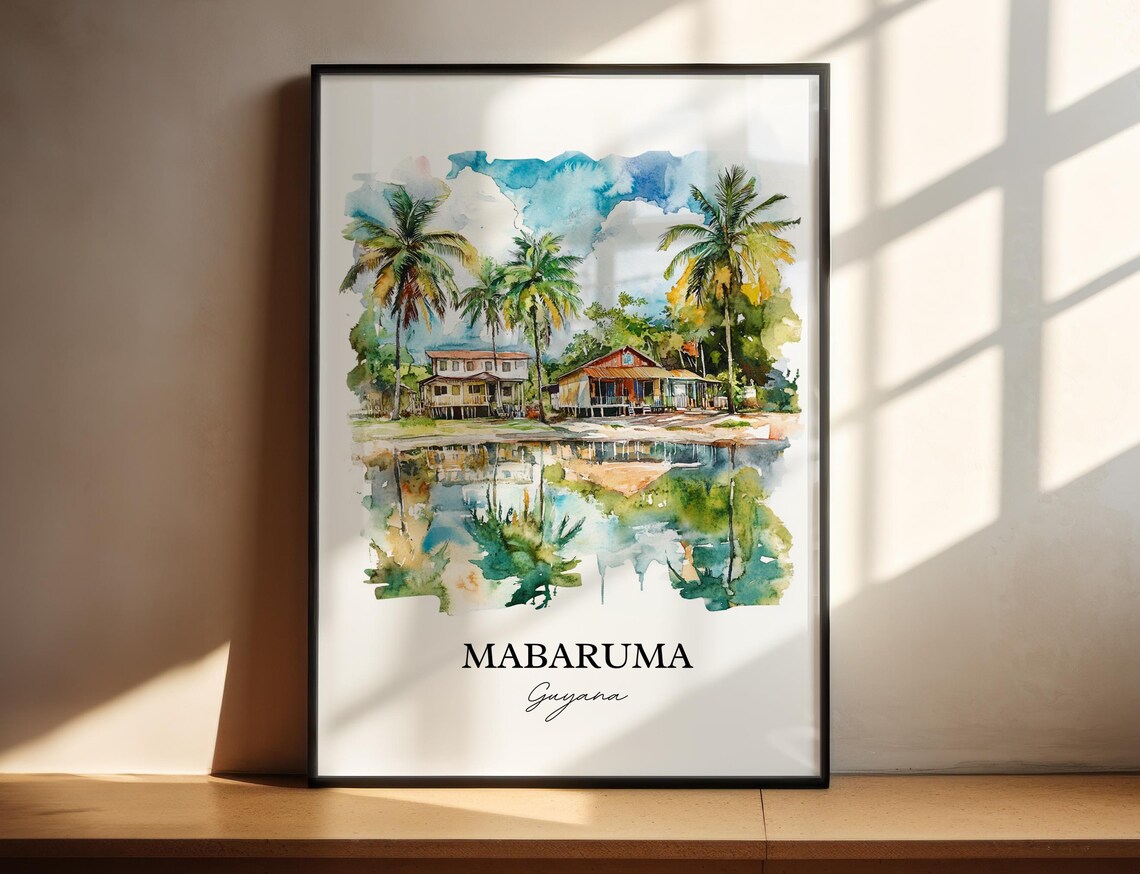 Mabaruma Guyana Watercolor Riverside Houses Palms Scene Poster