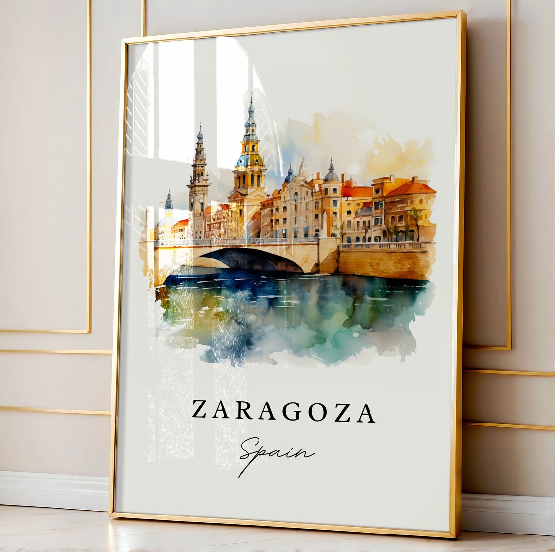 Zaragoza Spain Basilica Towers and River Bridge Watercolor Poster - Image 5