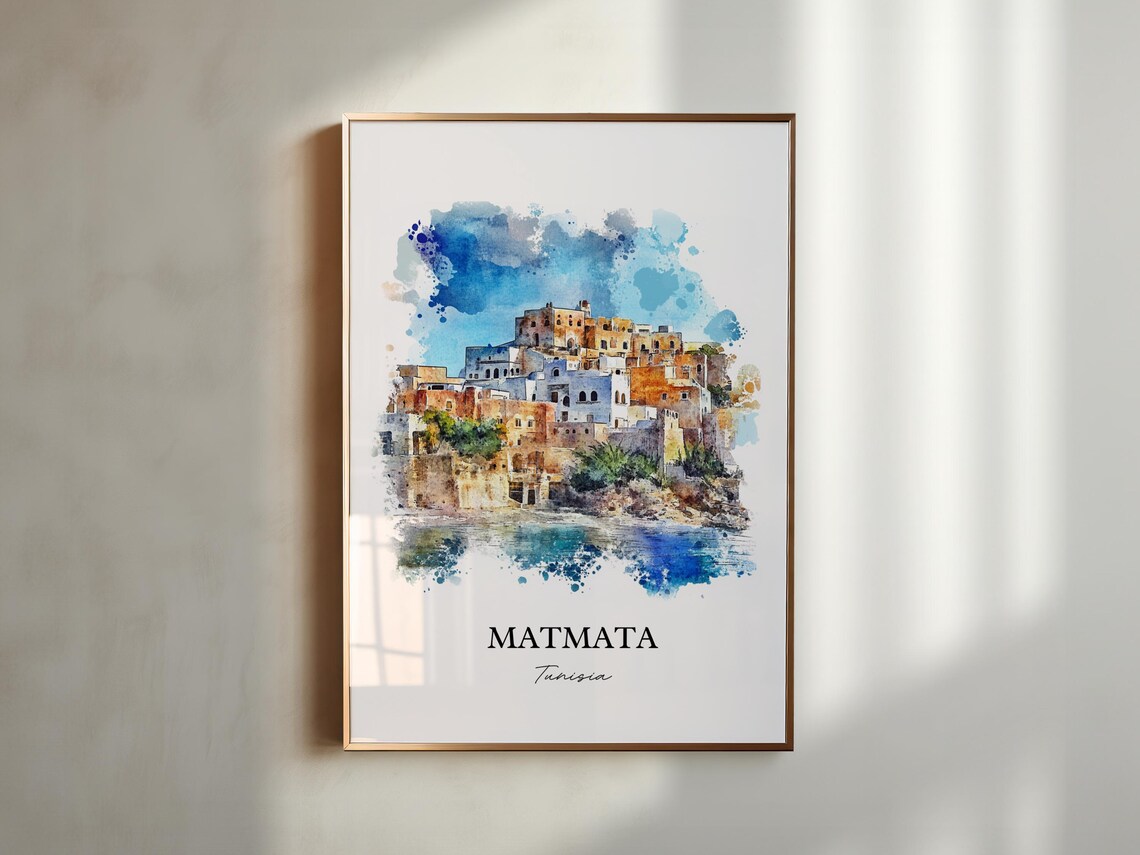 Matmata Tunisia Old Hilltop Village Watercolor Travel Poster - Image 4