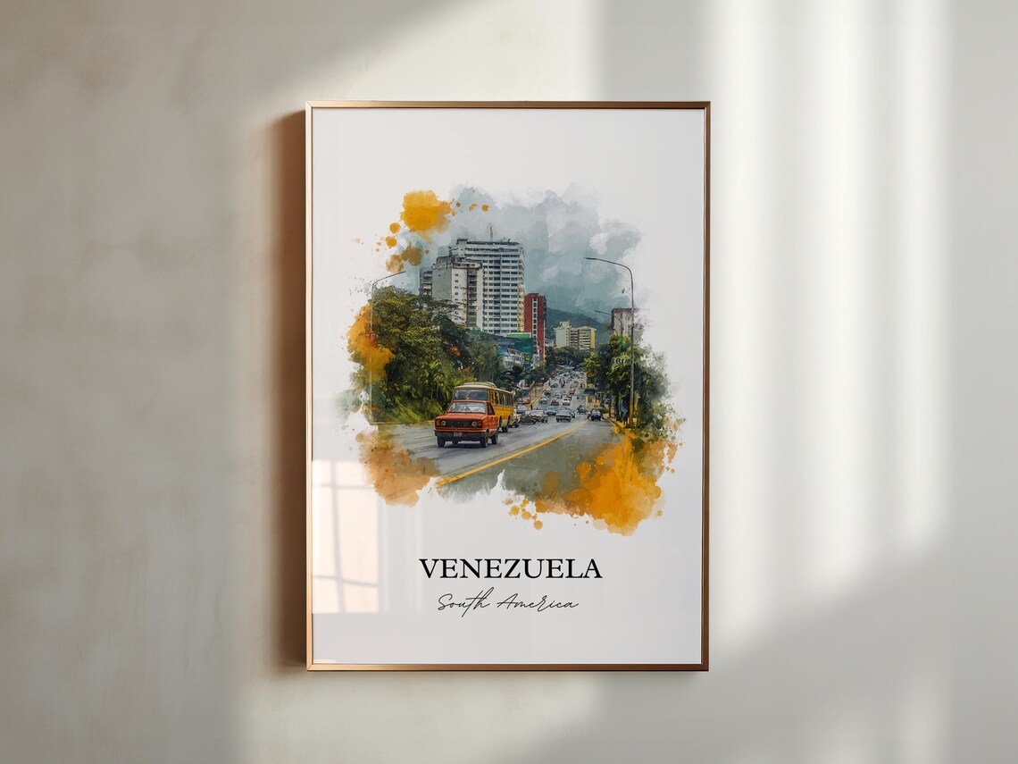 Venezuela South America Bustling City Avenue Watercolor Poster - Image 3