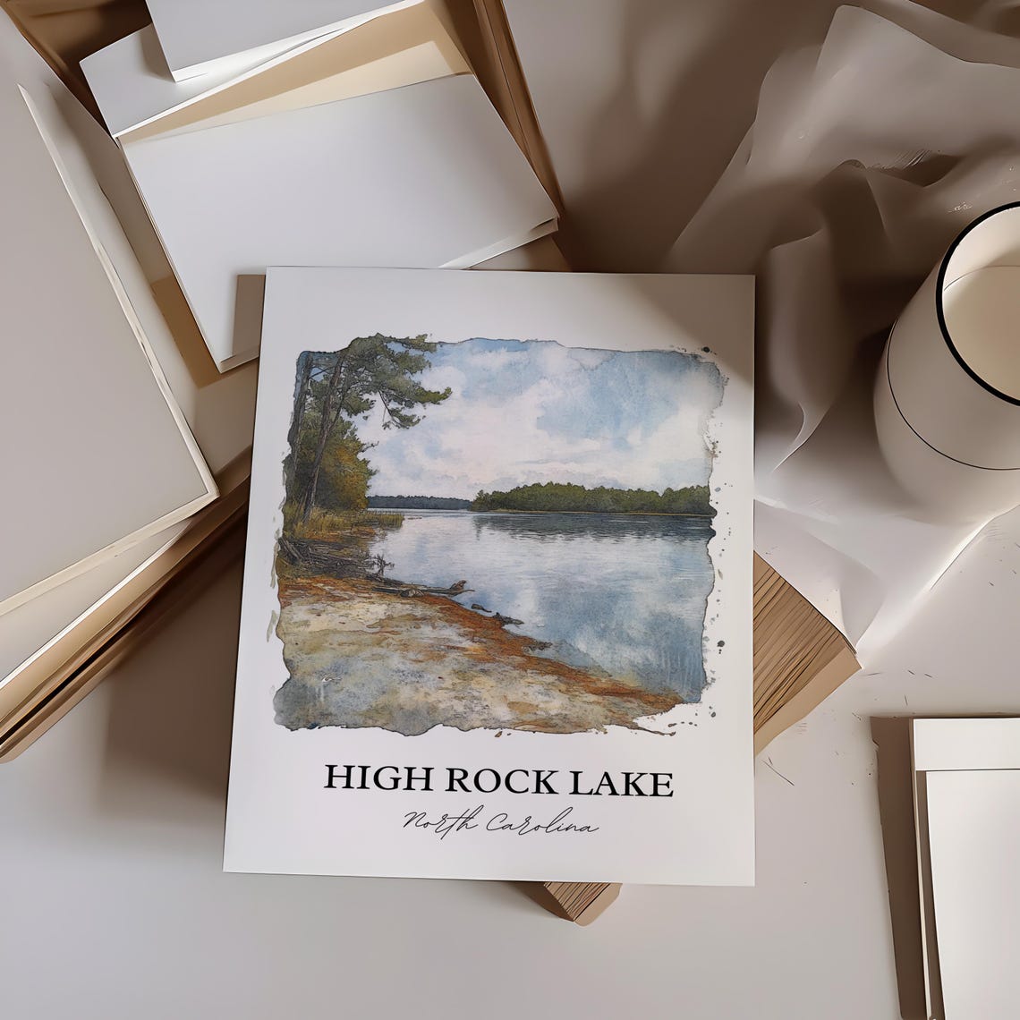 High Rock Lake North Carolina Pine Forest Shore Watercolor Poster - Image 3