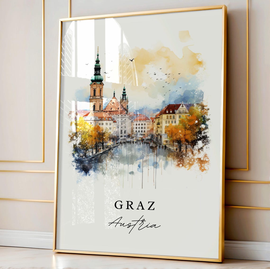 Graz Austria Autumn River Old Town Churches Watercolor Travel Poster - Image 4