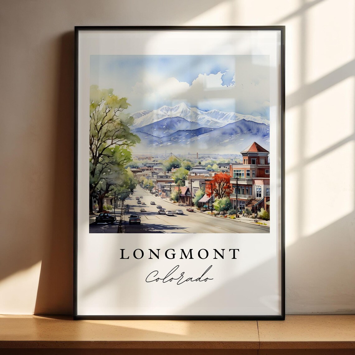 Longmont Colorado Main Street Mountain View Watercolor Travel Poster - Image 4