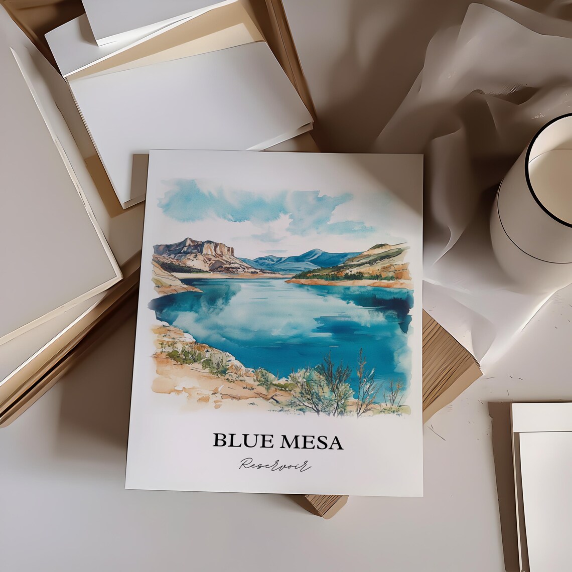 Blue Mesa Reservoir Turquoise Water Desert Mesas Watercolor Poster - Image 2