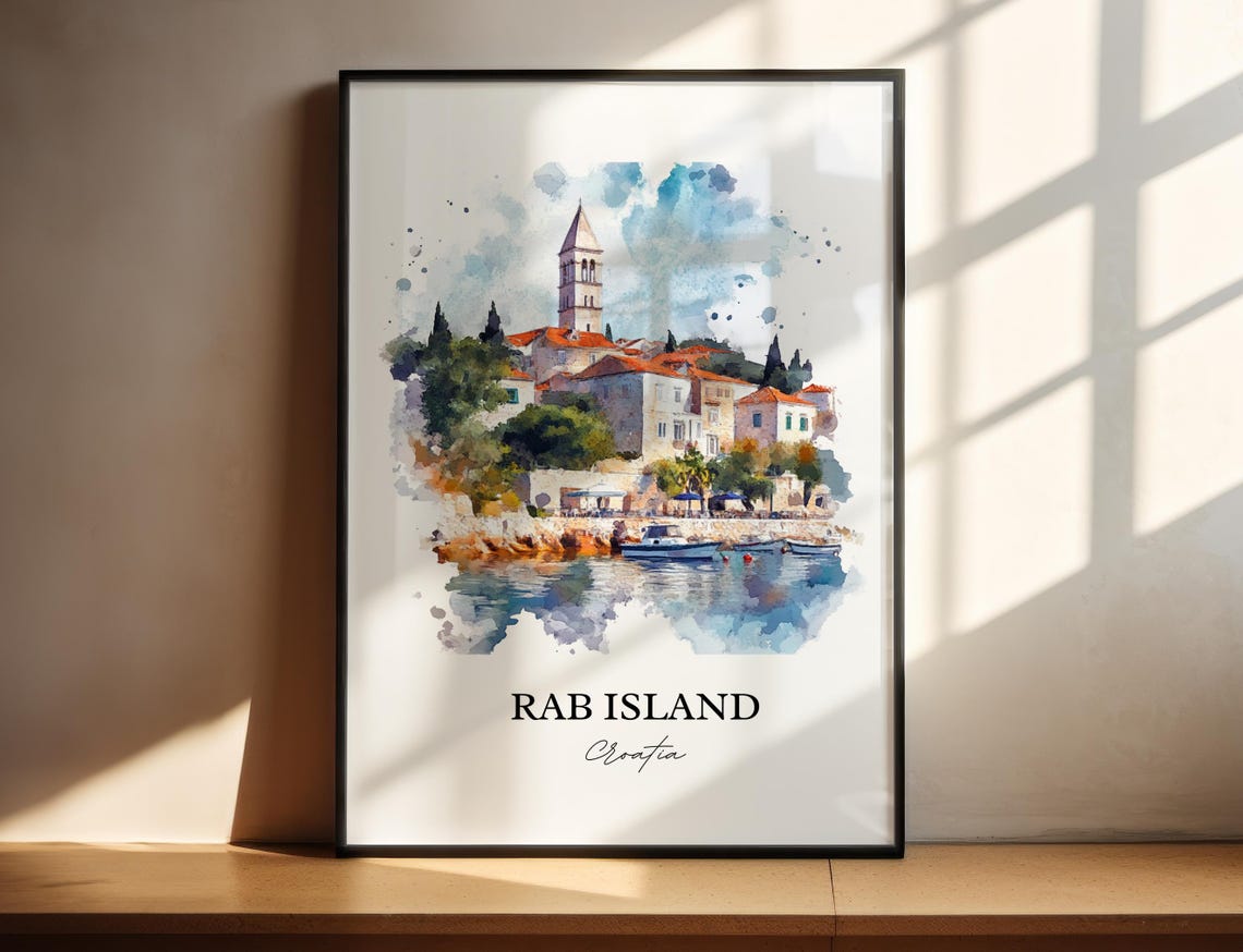 Rab Island Croatia Bell Tower Coastal Town Watercolor Poster