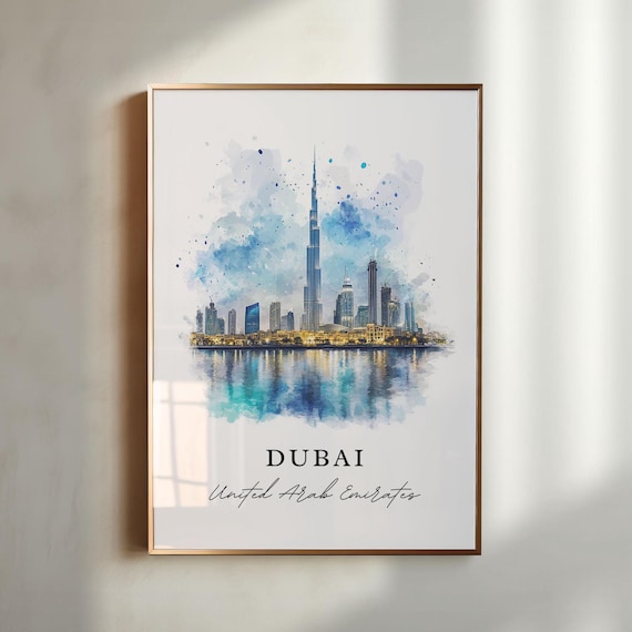 Dubai UAE Watercolor Burj Khalifa City Skyline Reflection Poster