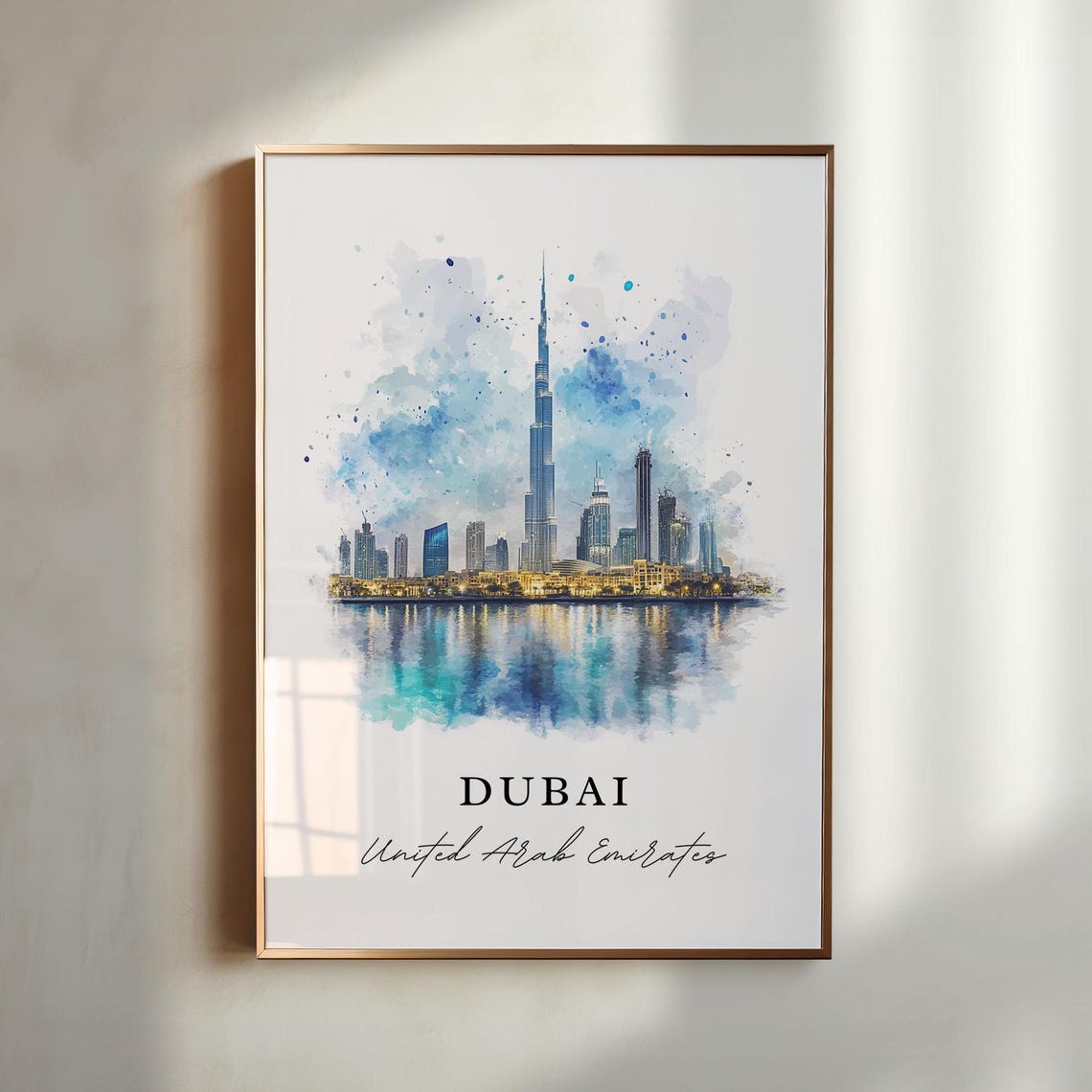 Dubai UAE Watercolor Burj Khalifa City Skyline Reflection Poster