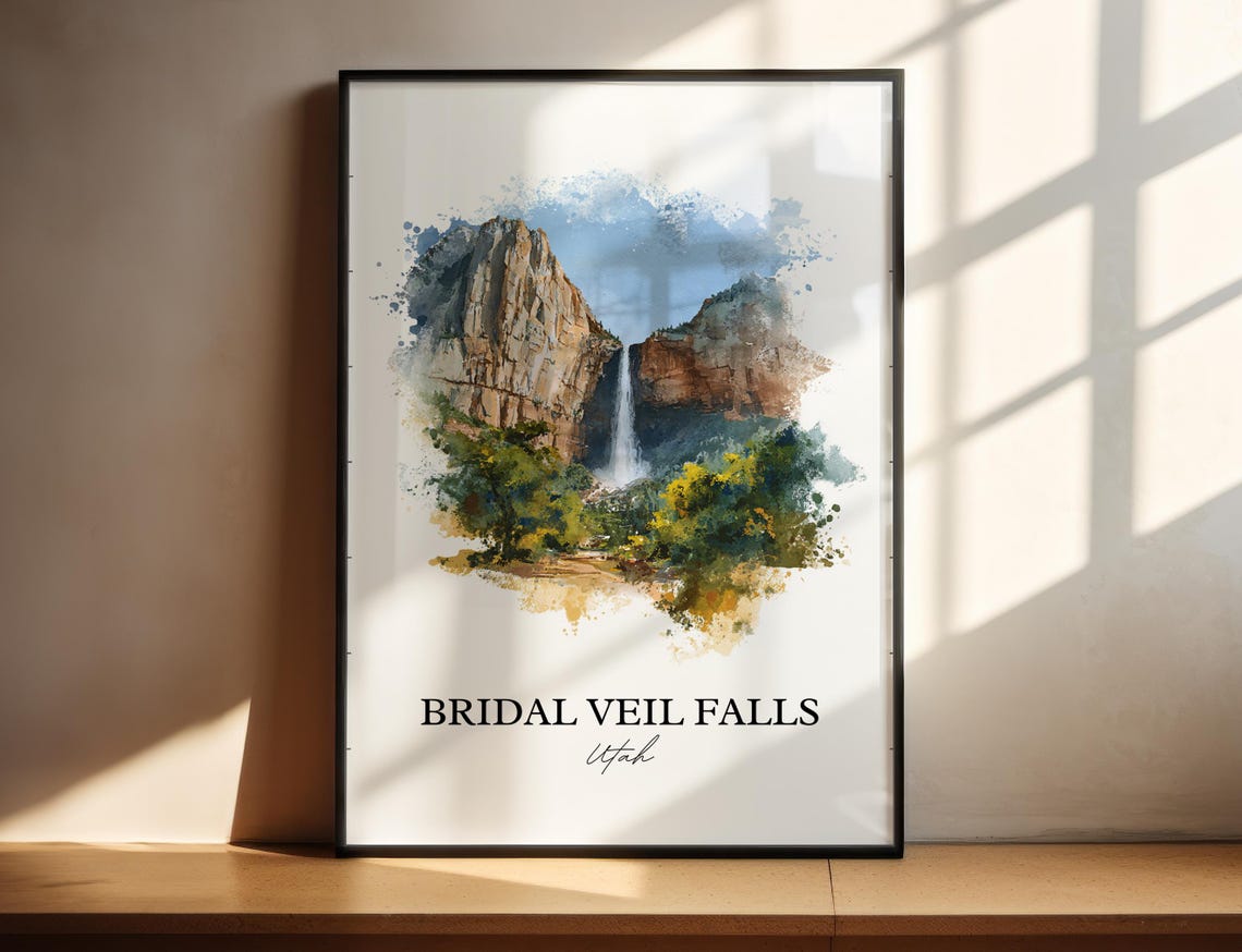 Bridal Veil Falls Utah Provo Canyon Waterfall Watercolor Travel Poster