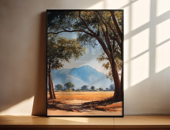 African Savanna Plain Watercolor Distant Blue Mountain Landscape Poster