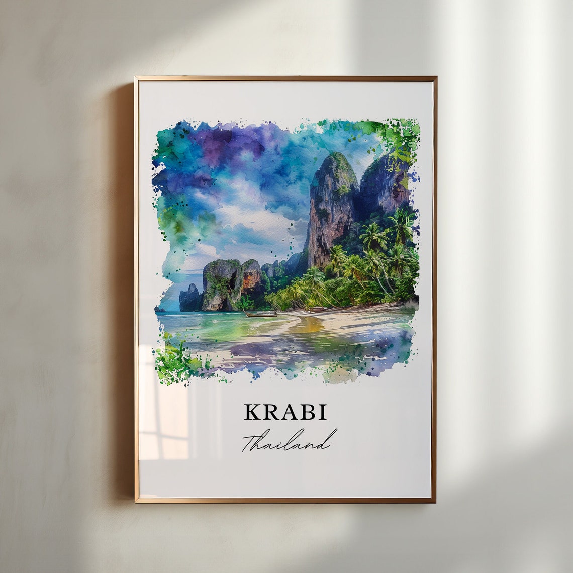 Krabi Thailand Watercolor Limestone Cliffs Beach Boat Scene Poster