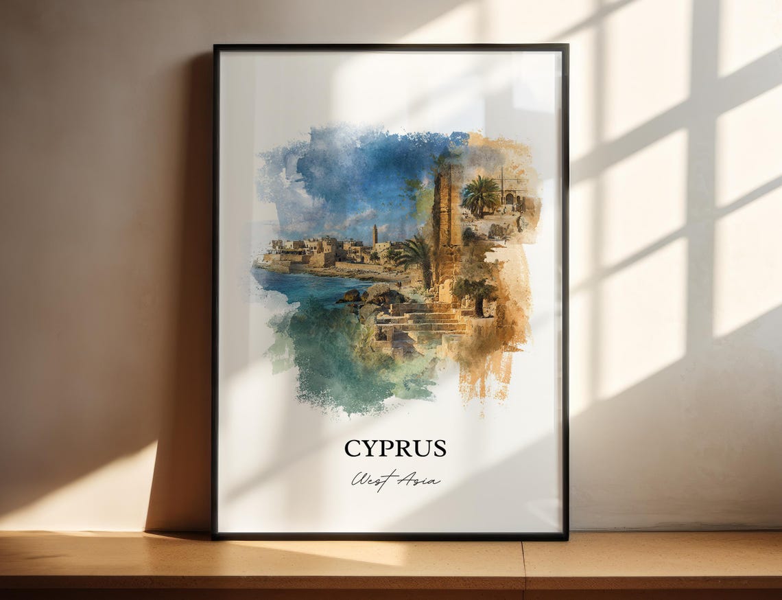 Cyprus Ancient Coastal Ruins Watercolor West Asia Travel Poster