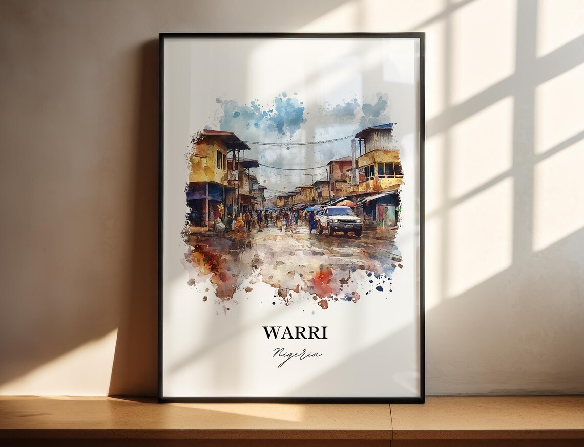 Warri Nigeria Watercolor Busy Market Street Scene Art Poster