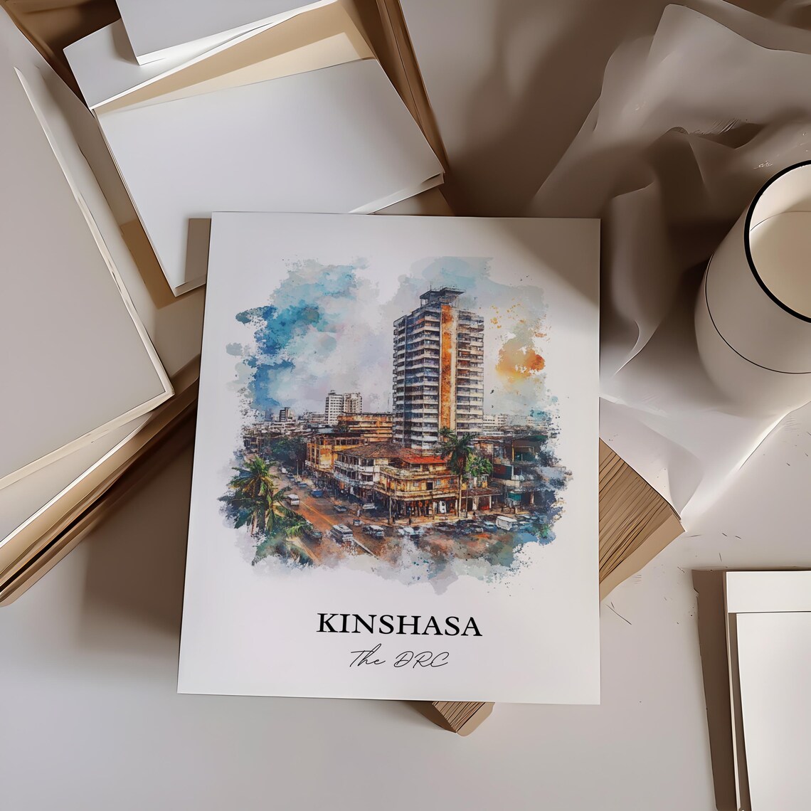 Kinshasa Congo Downtown Street Watercolor Cityscape Art Poster - Image 4
