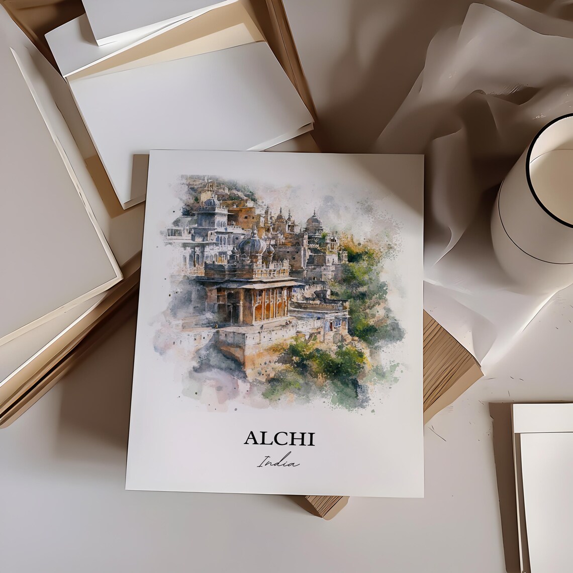 Alchi India Watercolor Historic Buddhist Monastery Travel Poster - Image 2