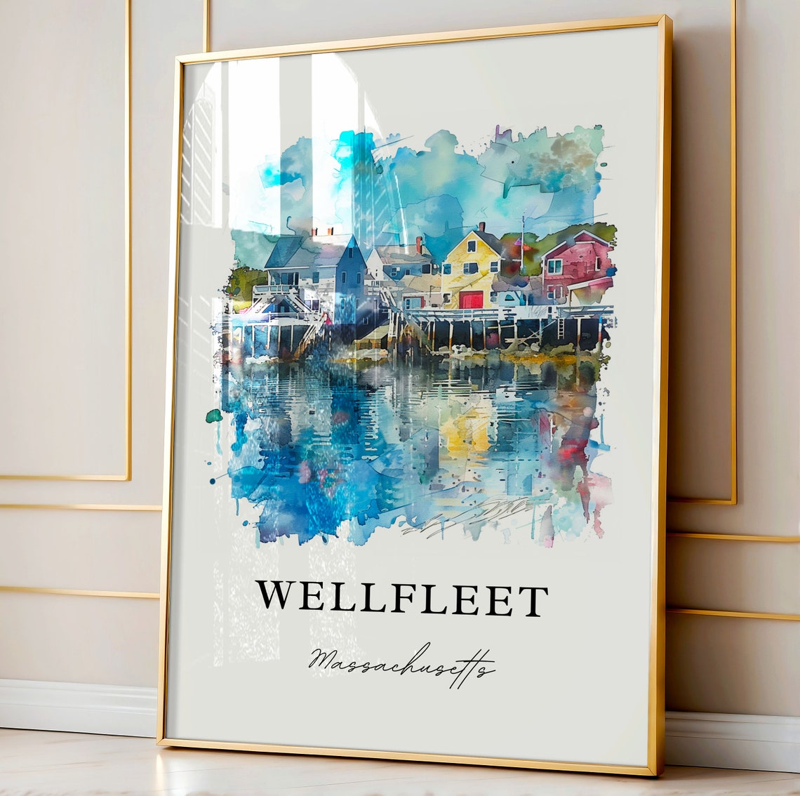 Wellfleet Massachusetts Watercolor Harbor Houses Scene Art Poster - Image 4