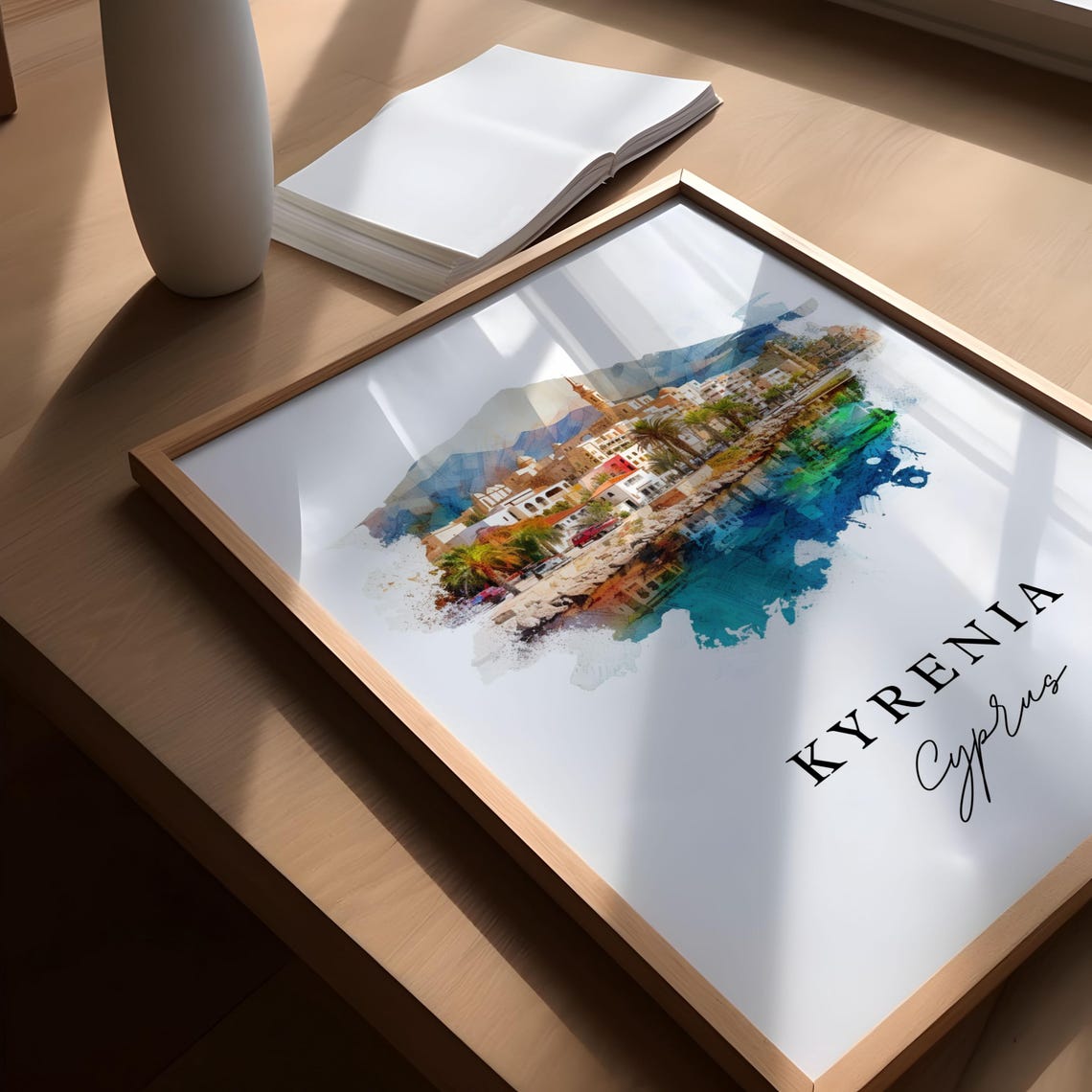 Kyrenia Cyprus Coastal Palm Town Harbor Watercolor Travel Poster - Image 5