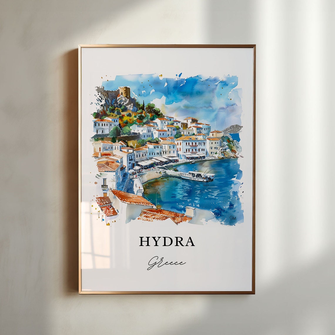 Hydra Greece Island Harbor Town Sparkling Watercolor Travel Poster