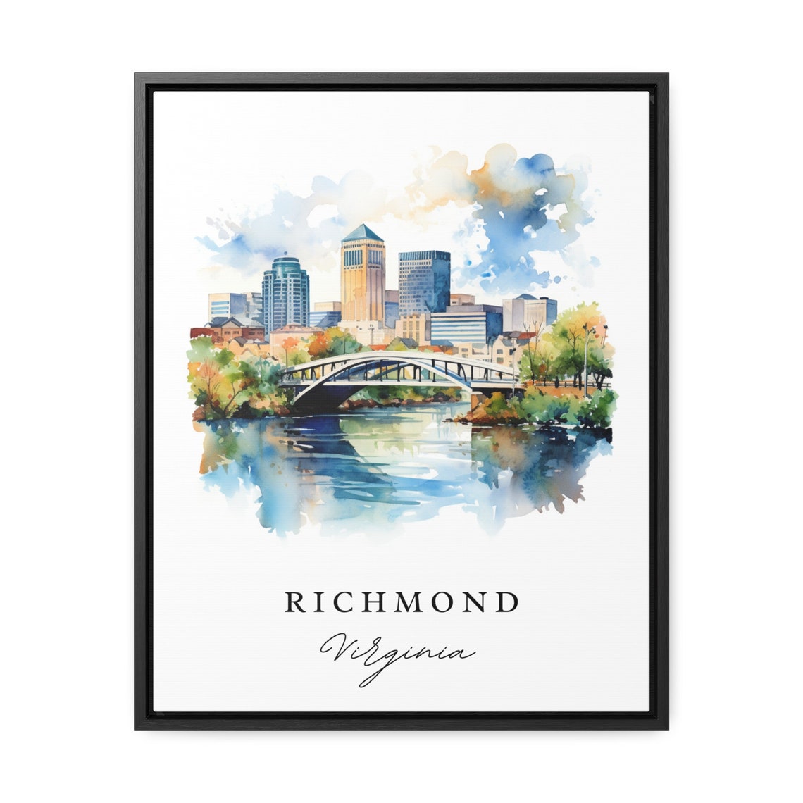 Richmond Virginia Watercolor Skyline River Bridge View Poster