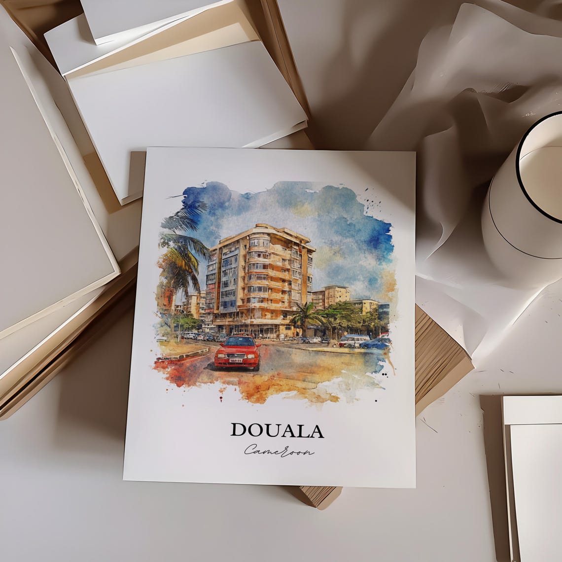 Douala Cameroon Watercolor Modern Building Street Art Poster - Image 4