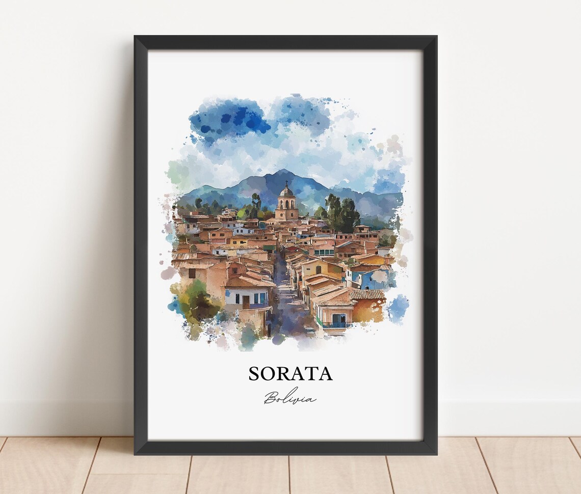 Sorata Bolivia Watercolor Andean Town Church Mountain Travel Poster - Image 2