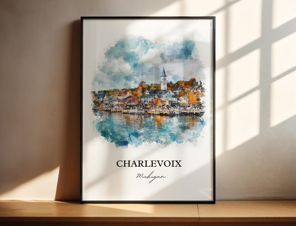 Charlevoix Michigan Harbor Town Autumn Watercolor Coastal Poster