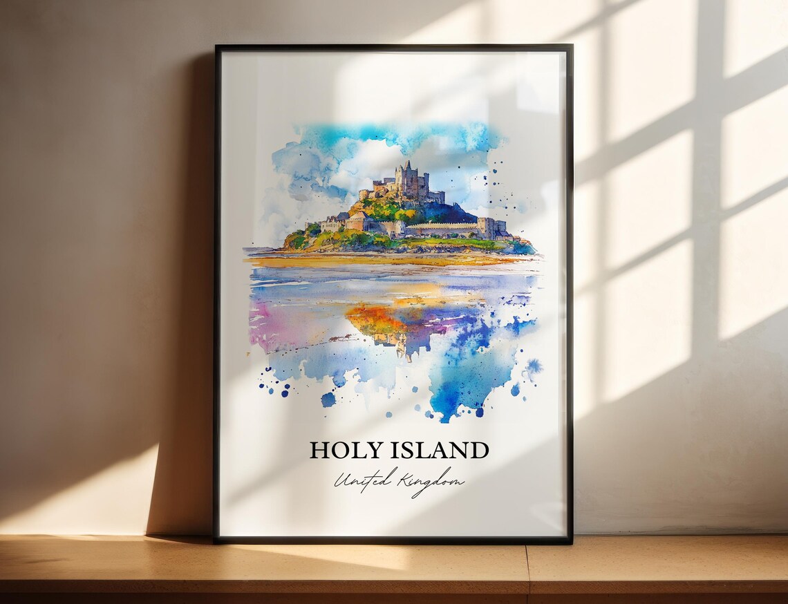 Holy Island United Kingdom Watercolor Island Castle Tidal View Poster