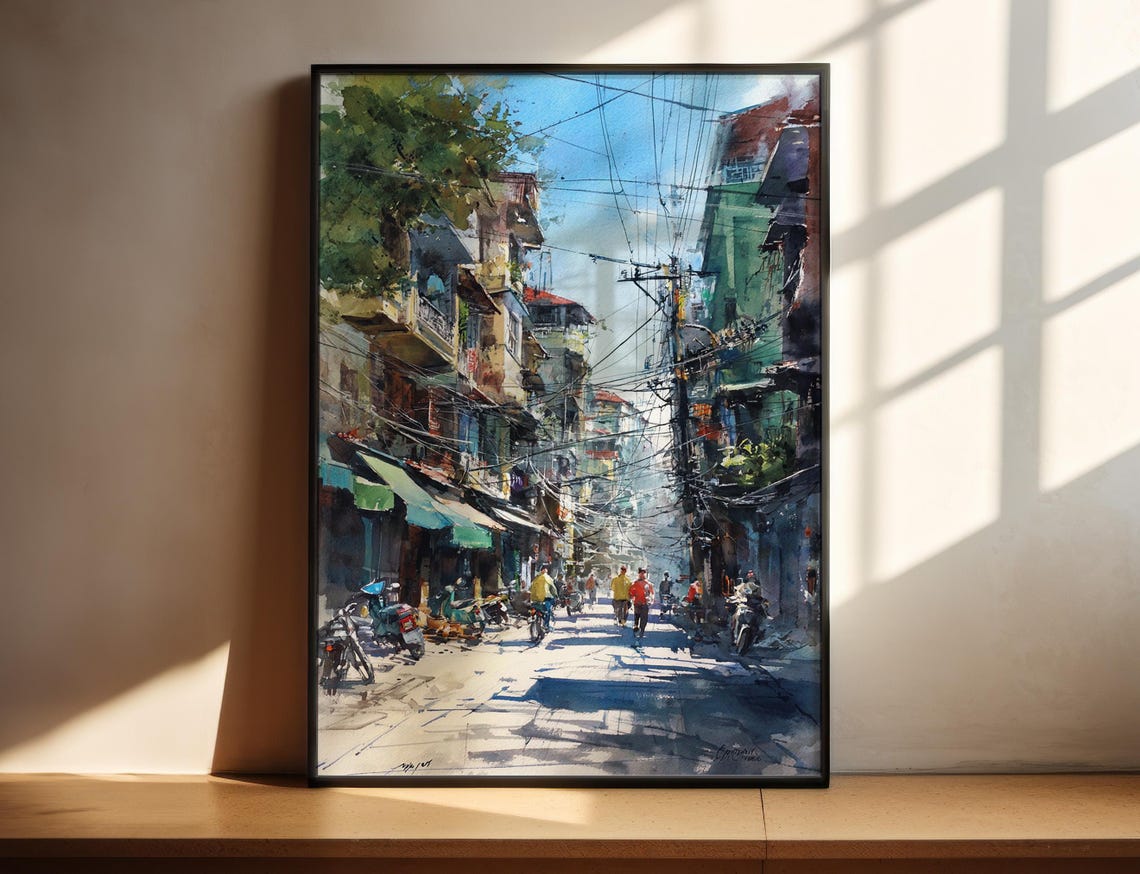 Hanoi Vietnam Watercolor Old Street Scene With Motorbikes Wall Art