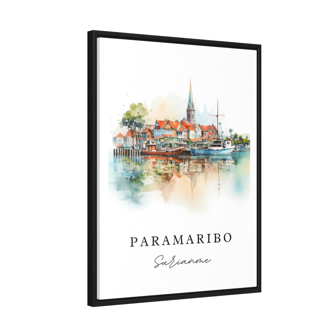 Paramaribo Suriname Harbor Watercolor Boat Reflection Travel Poster - Image 2