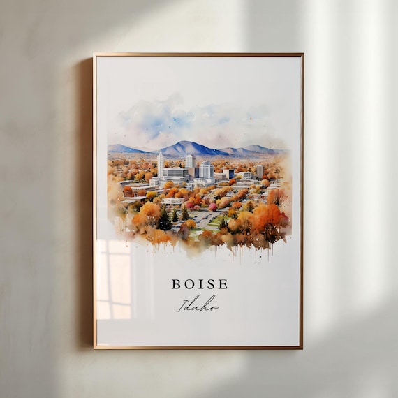 Boise Idaho Autumn Watercolor City Skyline Mountain Foothills Poster