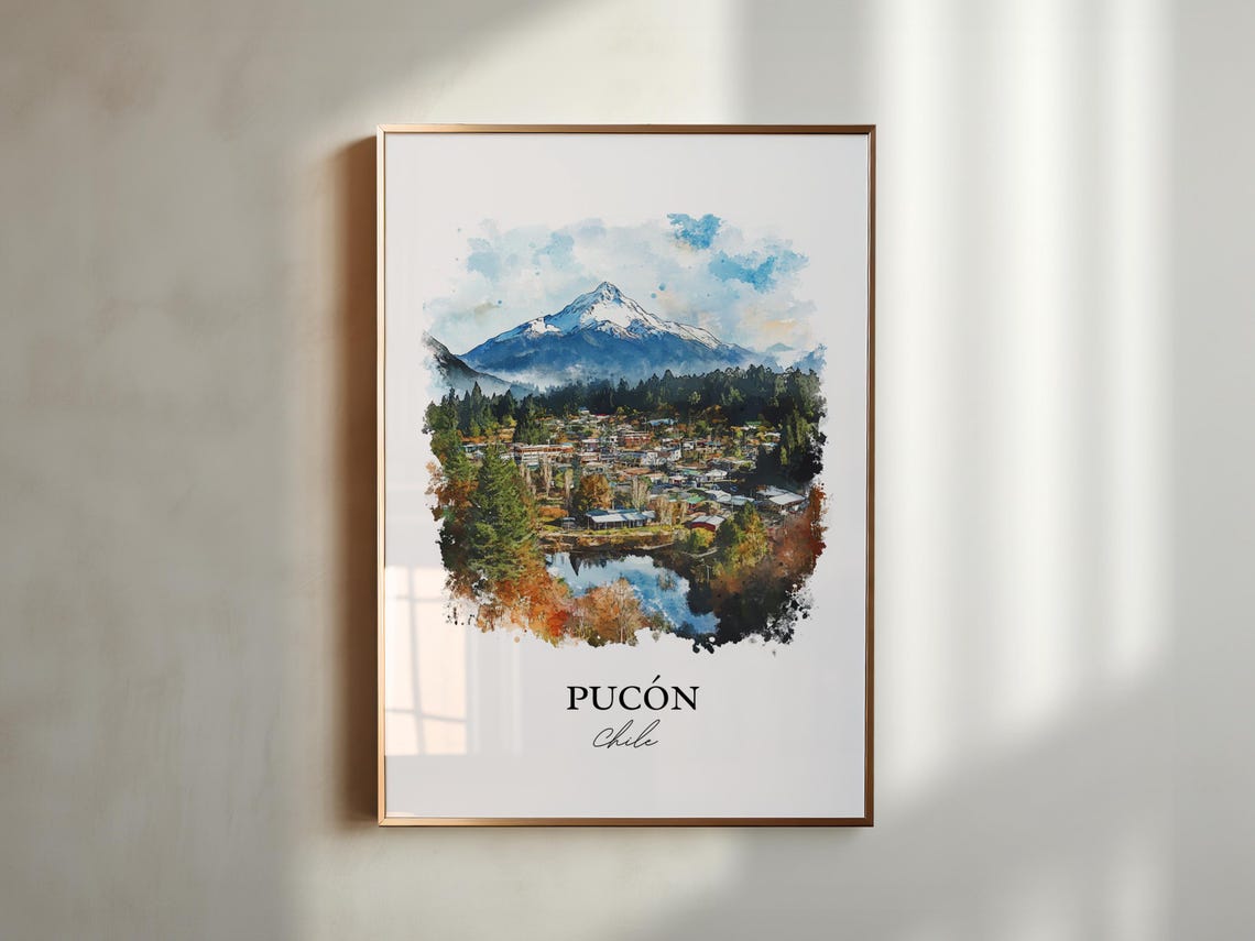 Pucon Chile Watercolor Snow Capped Volcano Lake Town Travel Poster - Image 5