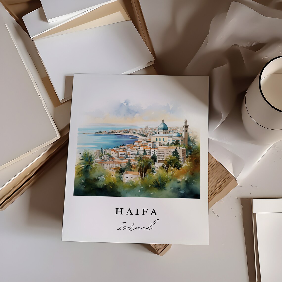 Haifa Israel Watercolor Blue Bay Coastal City View Travel Poster - Image 6
