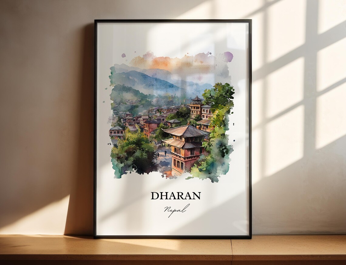 Dharan Nepal Watercolor Green Hill Town Pagoda Travel Poster