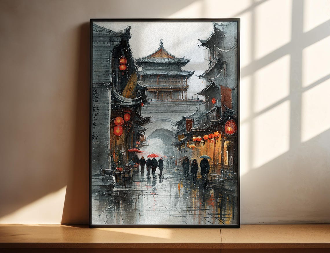Xian China Rainy Old Town Watercolor Red Lanterns Travel Poster