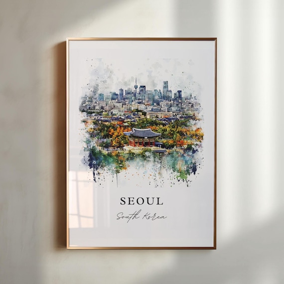 Seoul South Korea Watercolor Palace Skyline City Panorama Poster