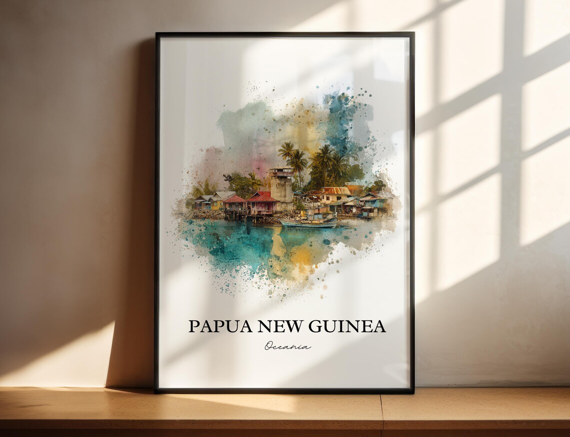 Papua New Guinea Oceania Coastal Village Watercolor Art Poster