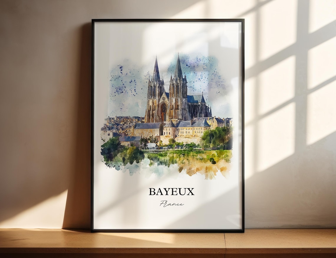 Bayeux France Cathedral Twin Spires Watercolor Cityscape Poster