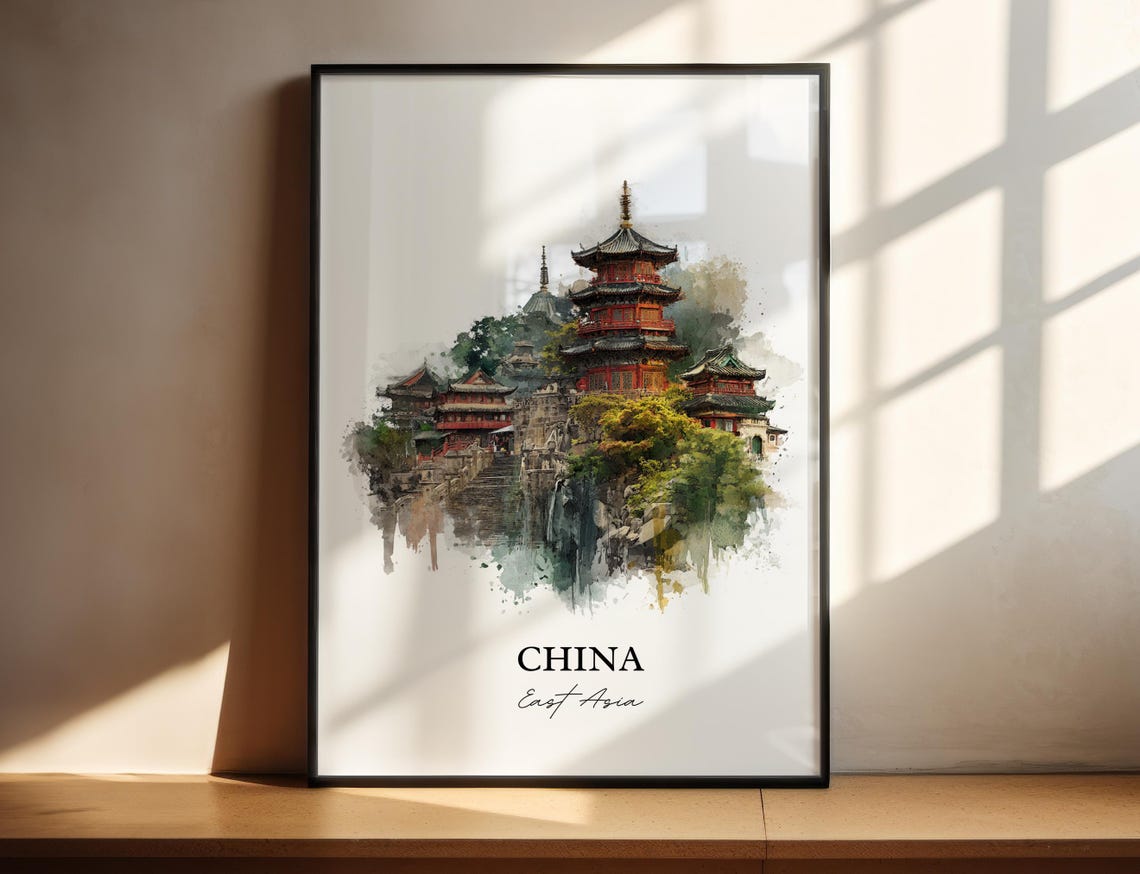 China East Asia Red Pagoda Temple Hill Watercolor Travel Poster