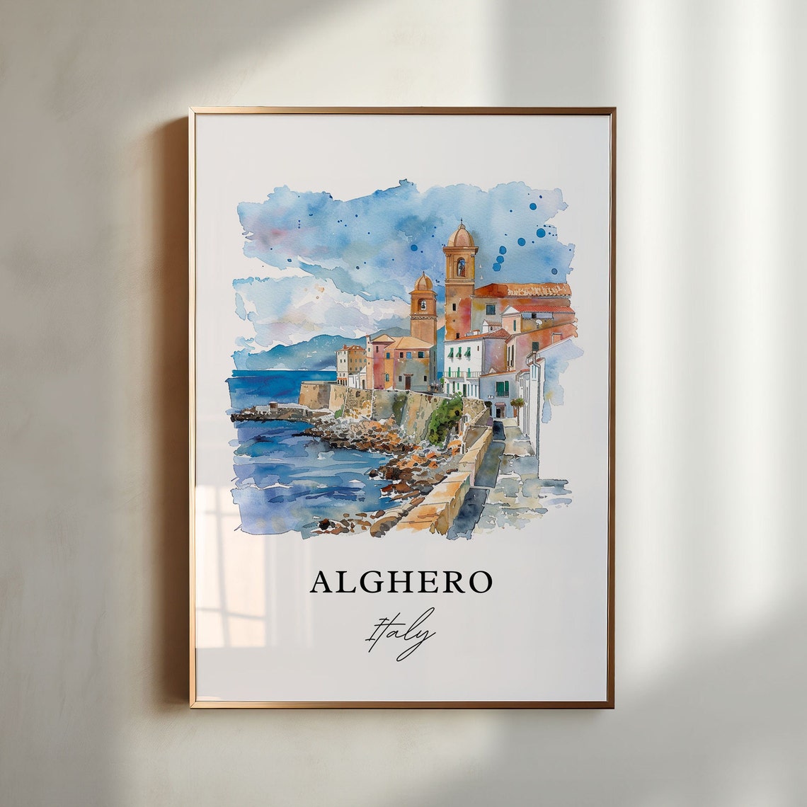 Alghero Italy Watercolor Travel Poster, Sardinia